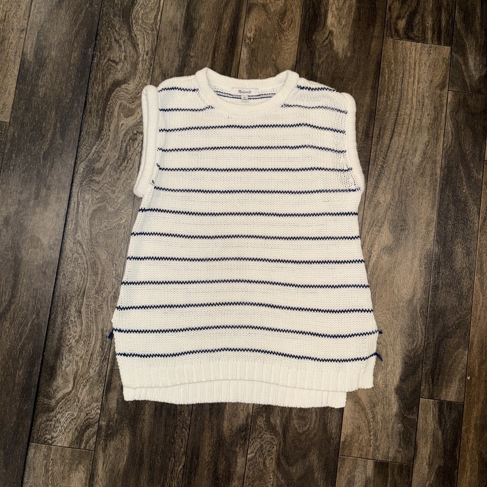MADEWELL Sweater Vest Women‎ XS Puff-Trim Cotton Linen Pullover Striped